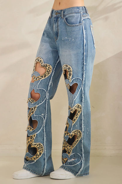 "Fierce Love" Leopard Heart Cut Out Jeans